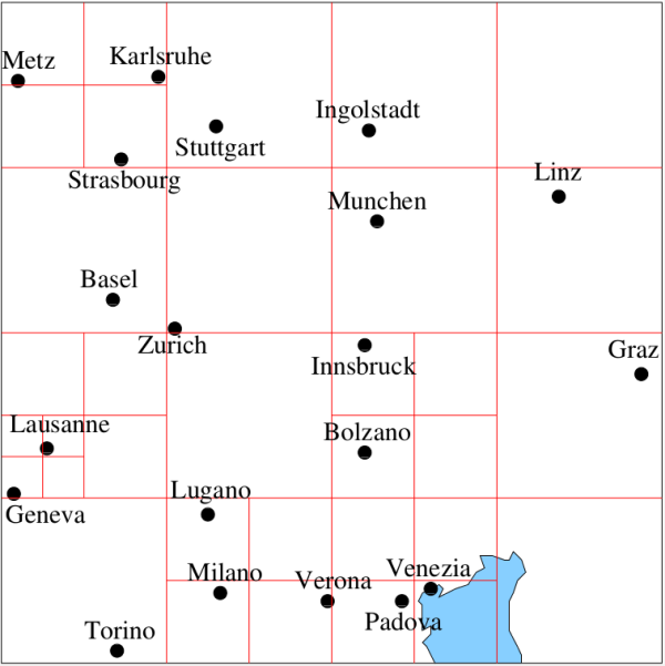 Figure 8. Map of a few European cities subdivided following a quadtree decomposition rule with a bucket capacity of 1. Note that object in close proximity (e.g. Geneva and Lausanne) may result in a finer decomposition of the underlying space and hence a deeper tree structure.  See <sup>16</sup>