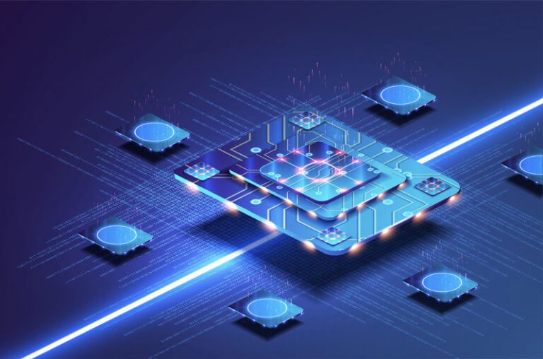 Futuristic microchip processor with lights on the blue background. Quantum computer, large data processing, database concept. Artificial intelligence and robotics quantum computing processor concept