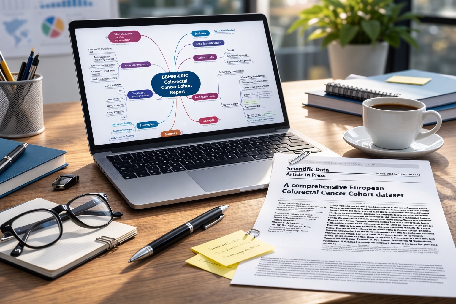 Scrivania da ufficio con laptop aperto che visualizza un diagramma del Colorectal Cancer Cohort (BBMRI-ERIC) e una stampa della prima pagina di un articolo scientifico su Scientific Data, con oggetti da lavoro come penna, occhiali e tazza.