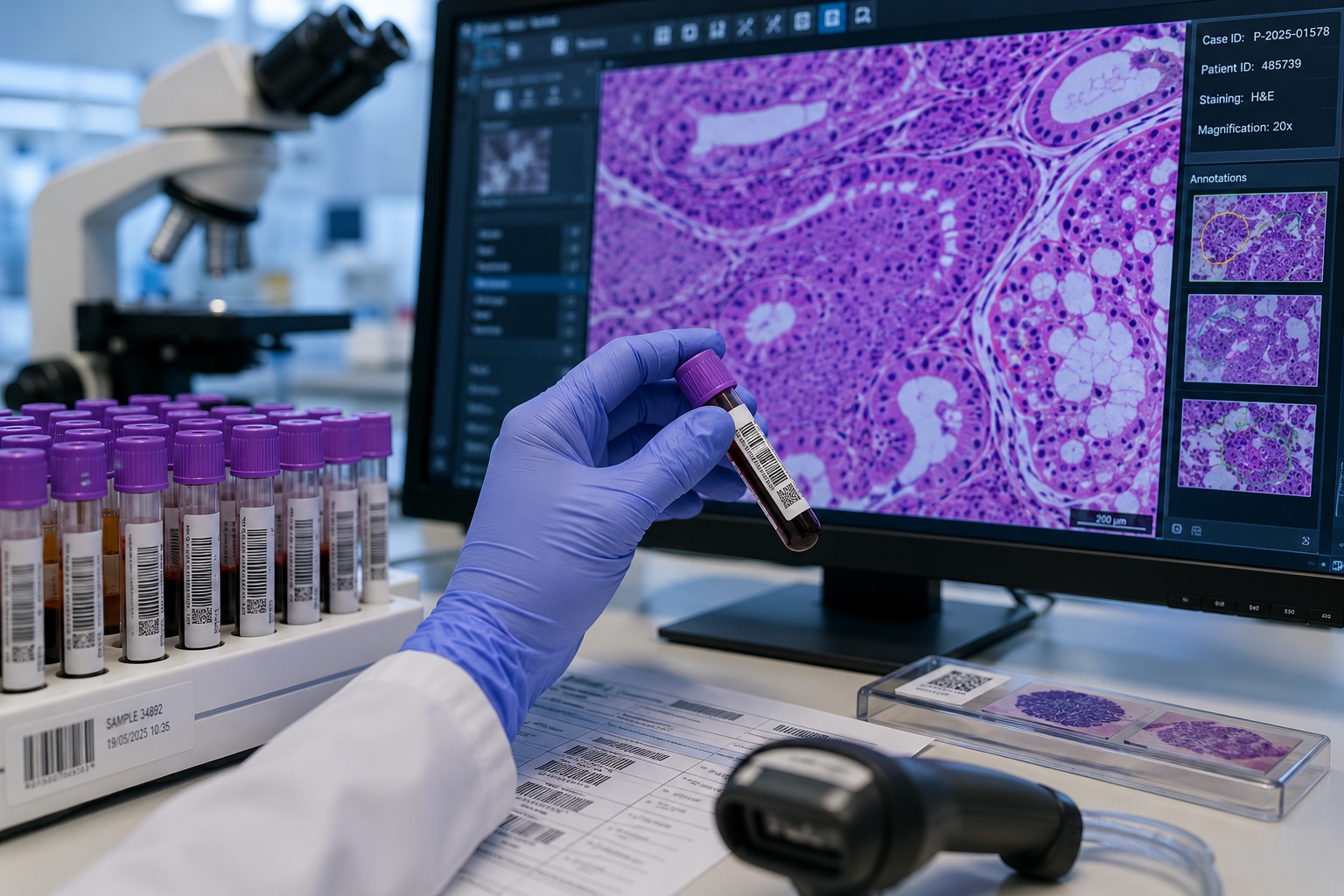Patologia digitale, computer in laboratorio con campioni e codici a barre