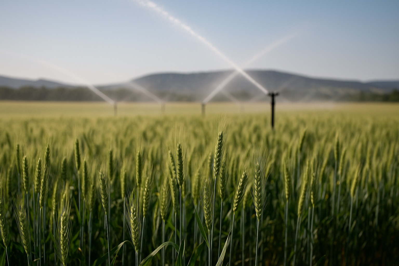 campo di grano con irrigatori sprinkler
