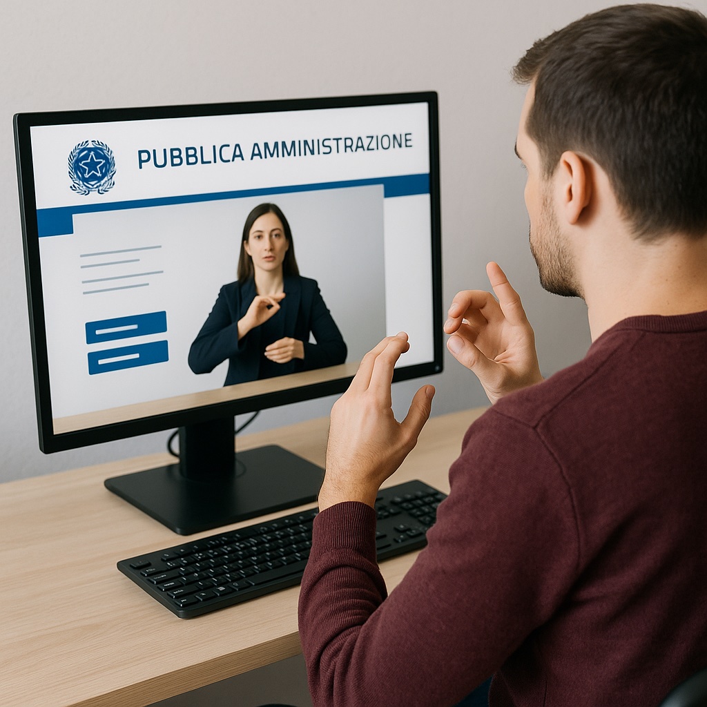 Un uomo è seduto a una scrivania, davanti a un computer. Sullo schermo è visibile il sito di un ufficio della Pubblica Amministrazione, con una donna che comunica in Lingua dei Segni Italiana (LIS). L’uomo sta eseguendo segni con le mani, interagendo attraverso il linguaggio dei segni
