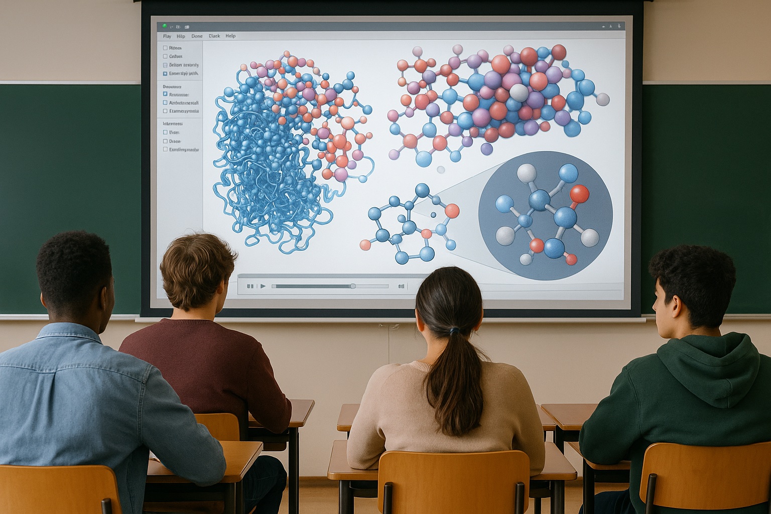 Studenti in un'aula universitaria assistono a una lezione di modellistica molecolare
