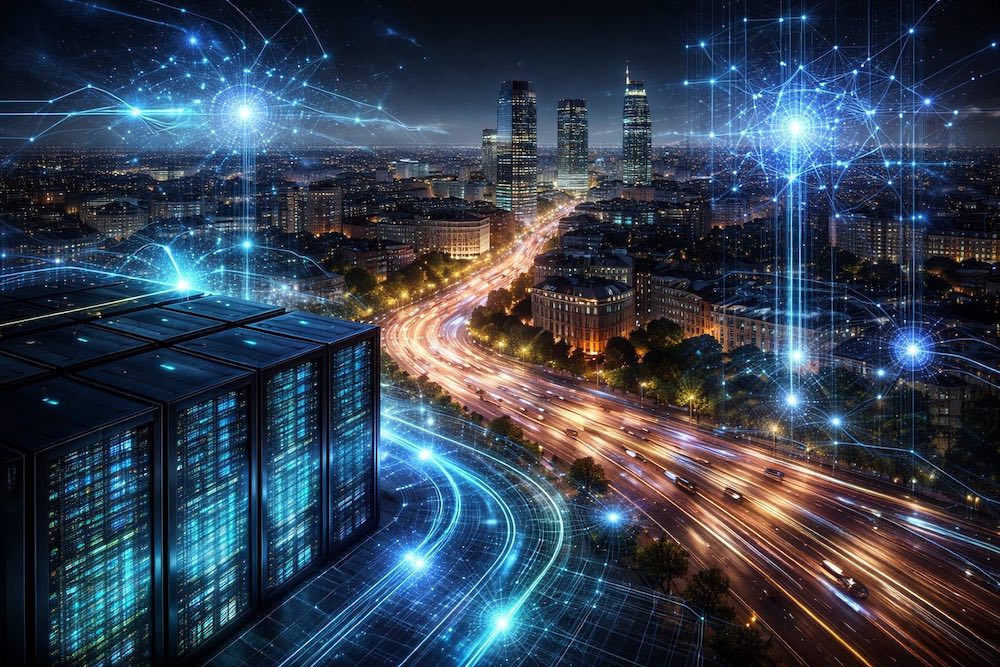 Vista di città notturna con luci e traffico